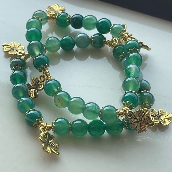 Green dyed agate 4 leaf clover ONE stretch bracelet NEW beaded reiki meditation - Picture 12 of 13